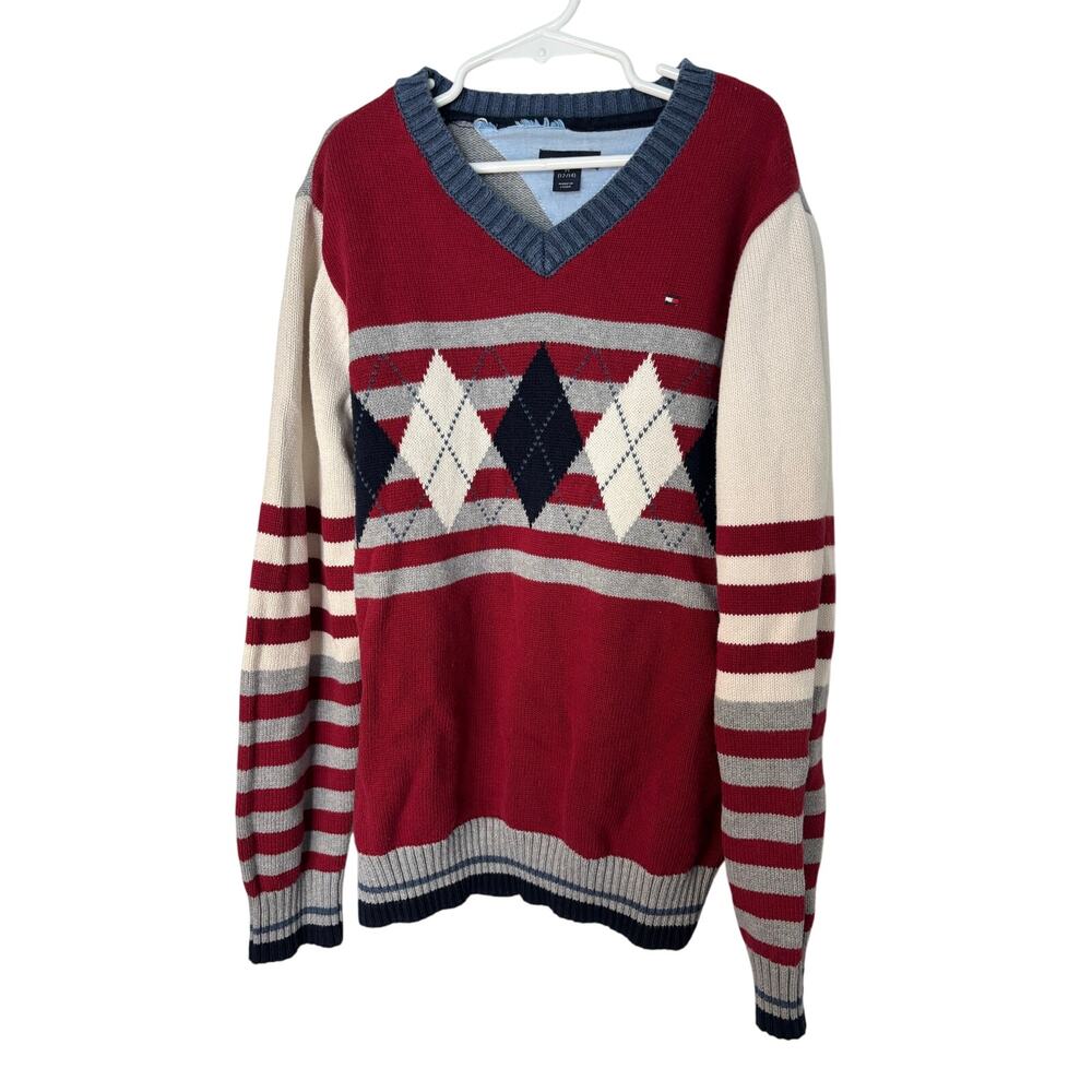 Tommy Hilfiger Boys V-Neck Argyle Sweater Red Gray White Cotton Size M 12/14